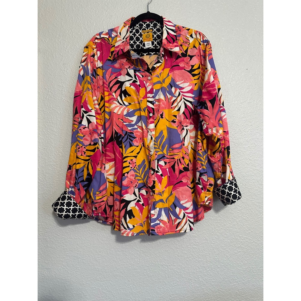 Ruby Rd Tropical Floral Button Down Jacket Shirt Long Sleeve Pink Orange SZ 24W